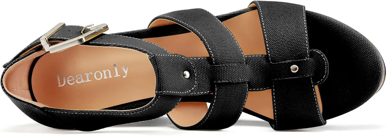 DearOnly Womens High Wedge Platform Heel Peep Open Toe Sandals Ankle Strap Buckle Gladiator Party Denim Summer 3.9 Inches Heels