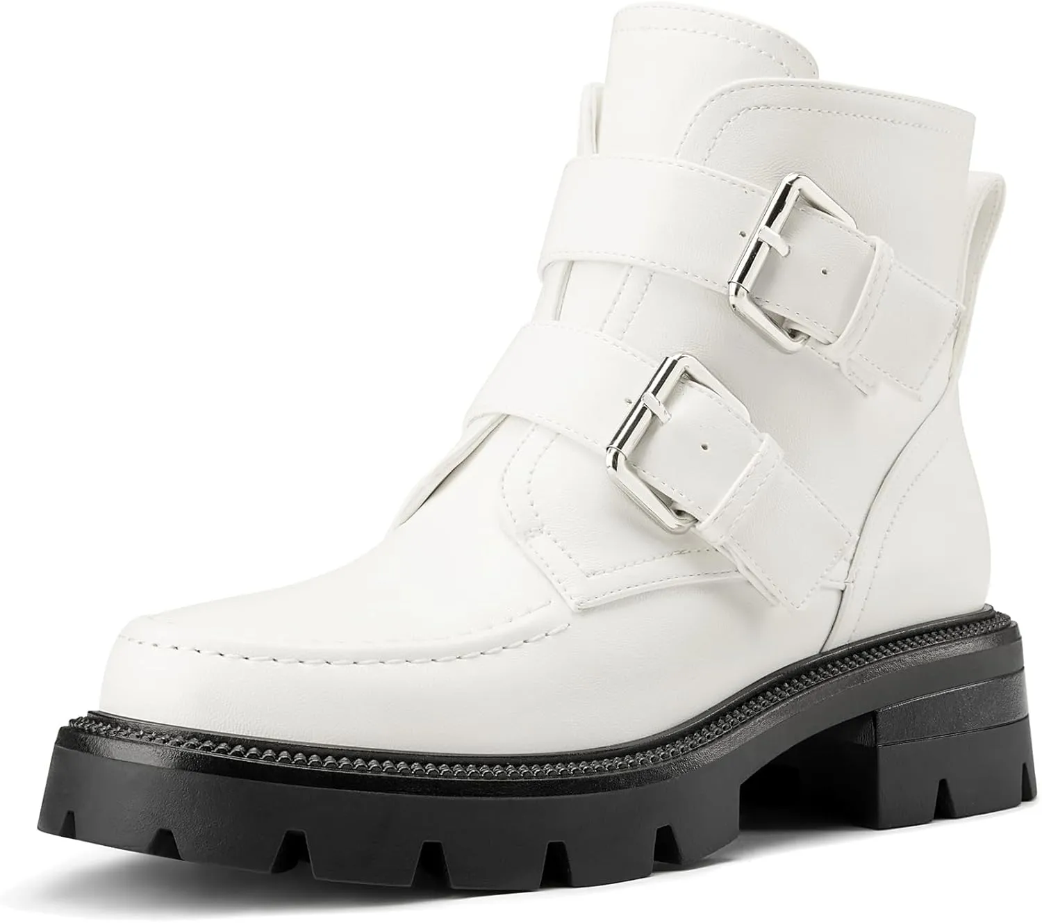 DearOnly Womens Platform Combat Boots Low Chunky Heel Lug Sole Buckle Ankle Boots Zipper Motorcycle Fashion Biker Booties Dress Shoes 1.4 Inches Heels