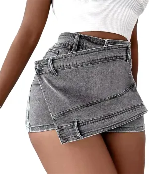 Denim Dress for Women High Waist A-Line Irregular Crossover Jeans Summer Wide Leg Trendy Denim Pants