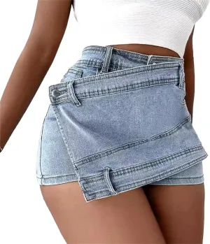 Denim Dress for Women High Waist A-Line Irregular Crossover Jeans Summer Wide Leg Trendy Denim Pants