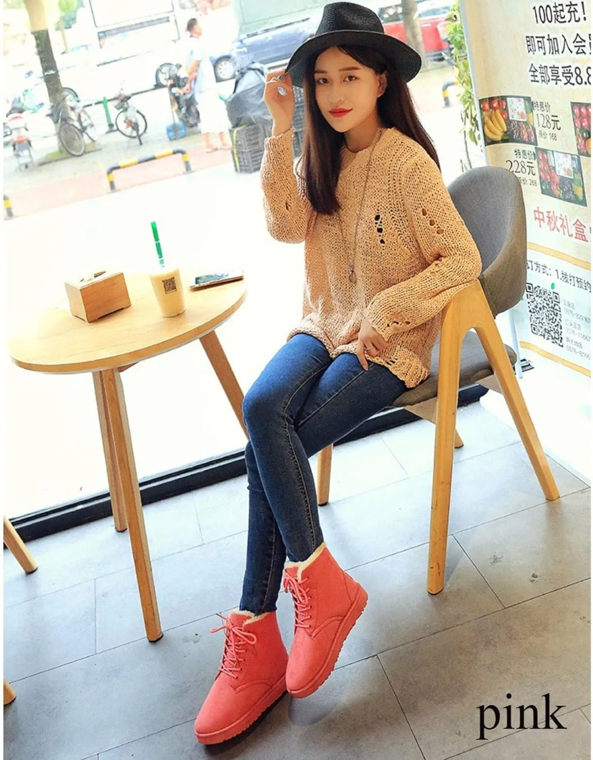 DevilAngel Women's winter suede waterproof snow boots, lace-up warm fur lined platform ankle boots