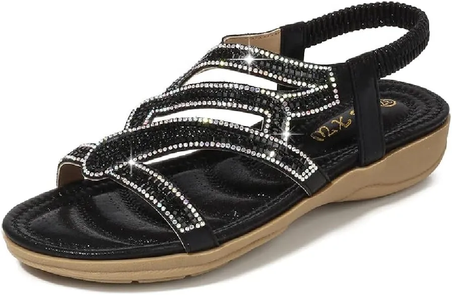 DKCHENH Rhinestone Sandals for Women Flat - Trendy Sparkling Boho Ladies' Flat Sandals,Beautiful Sparkling Boho Ladies' Flat Sandals for Summer.