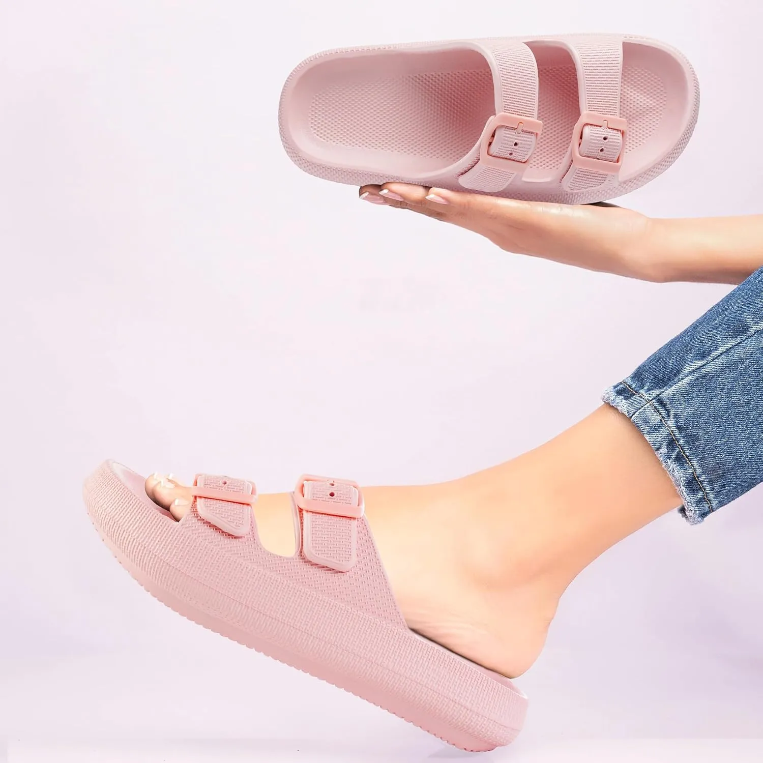 Dodow Womens Slide Sandals Adjustable Soft Cloud Comfort Slip On Flat Sandals