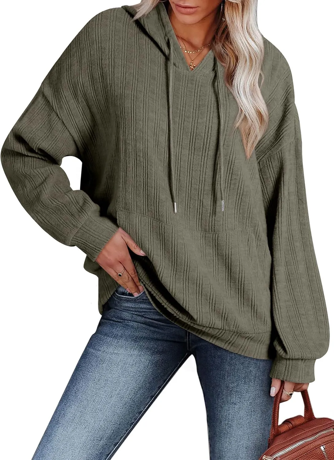 Dokotoo Hoodies for Women Casual Long Sleeve Textured Knit Loose Drawstring Hooded Sweatshirt with Pocket
