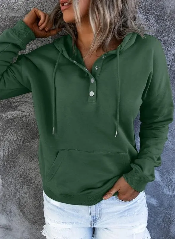 Dokotoo Womens 2025 Hoodies Button Collar Drawstring Hooded Pullover Sweatshirt Casual Long Sleeve Tops Shirts