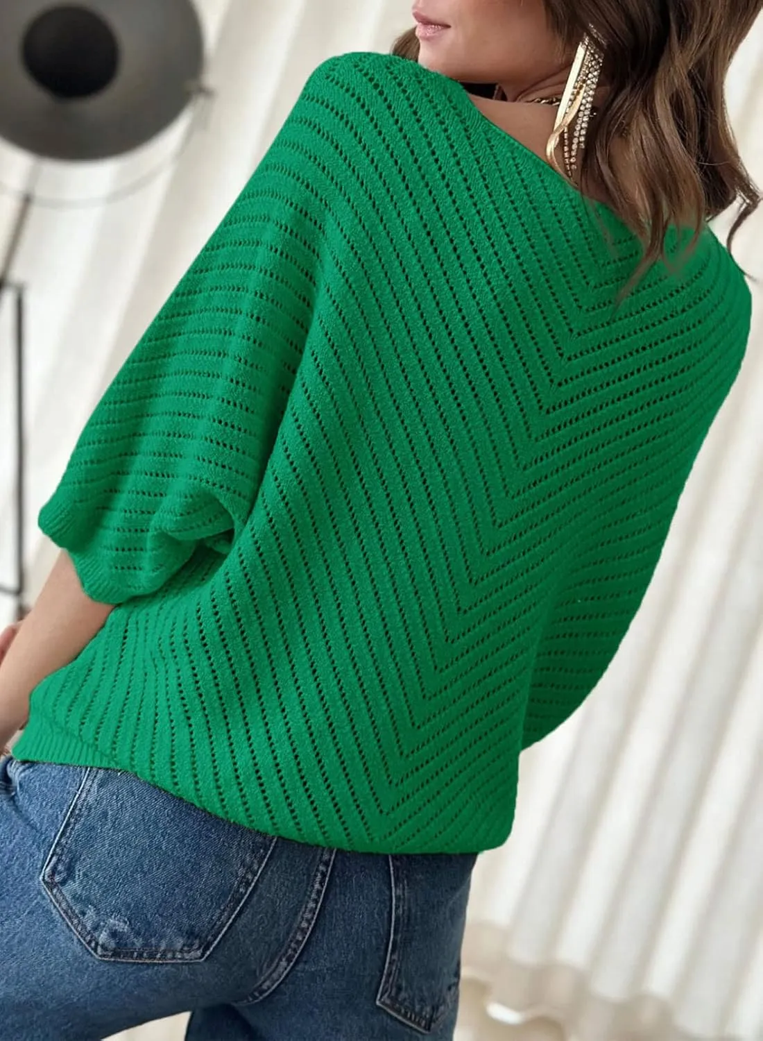 Dokotoo Women's 2025 Summer Spring Casual 3/4 Sleeve Solid Color V Neck Loose Pullover Knit Fall Sweaters Tops