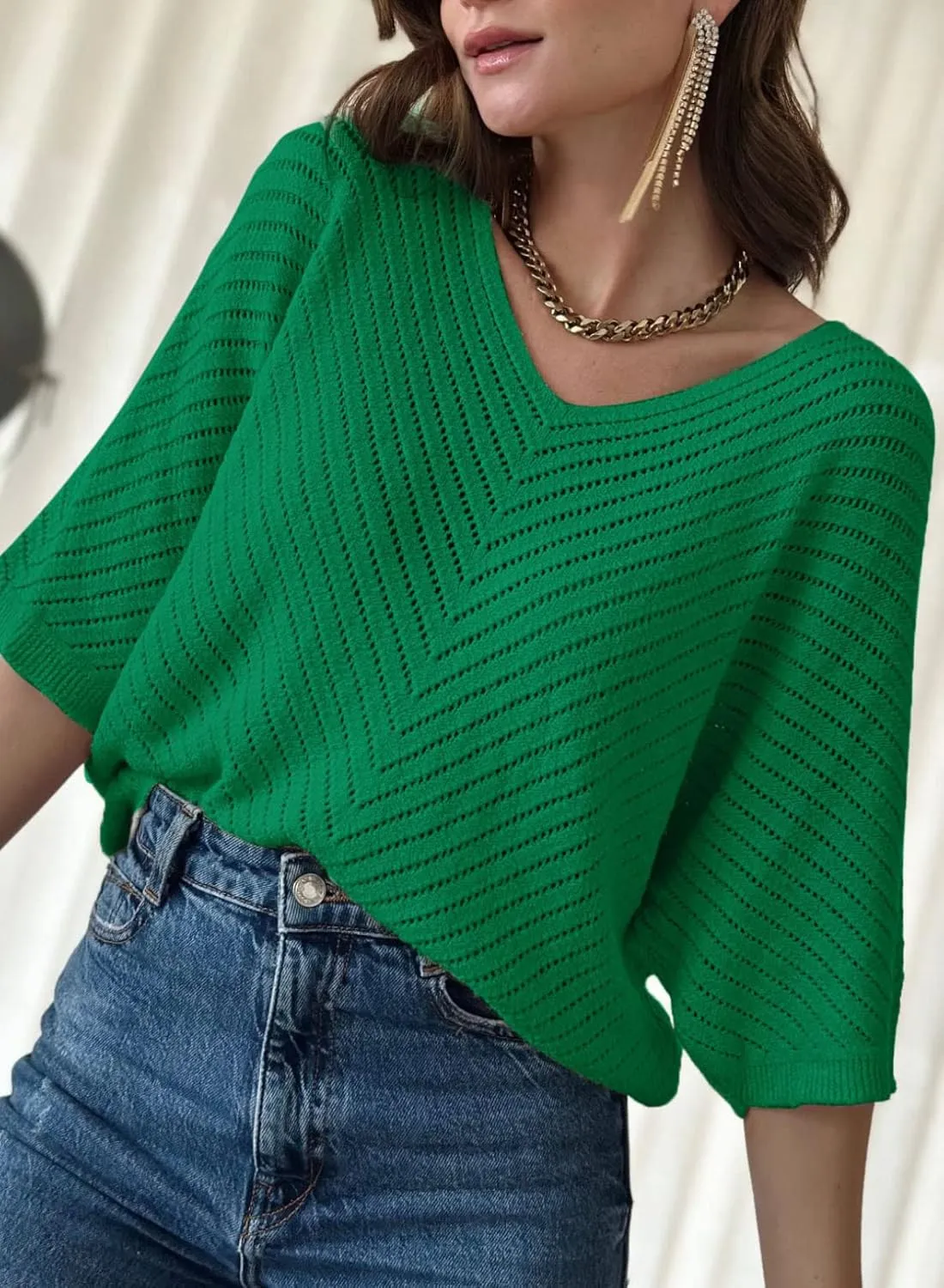 Dokotoo Women's 2025 Summer Spring Casual 3/4 Sleeve Solid Color V Neck Loose Pullover Knit Fall Sweaters Tops
