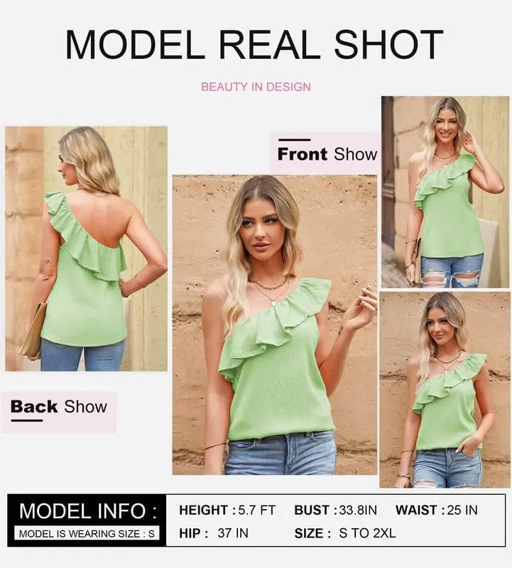 Dokotoo Womens One Shoulder Tops Ruffled Solid Tunic Shirts Sleeveless Loose Tank Top