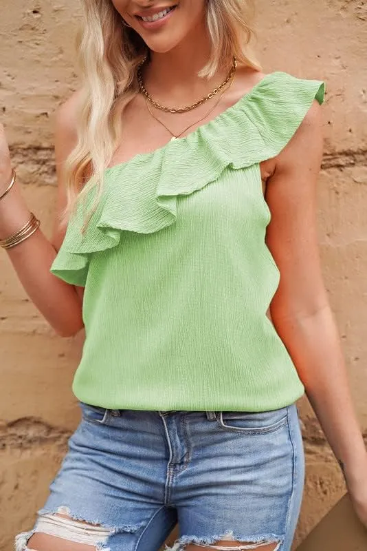 Dokotoo Womens One Shoulder Tops Ruffled Solid Tunic Shirts Sleeveless Loose Tank Top