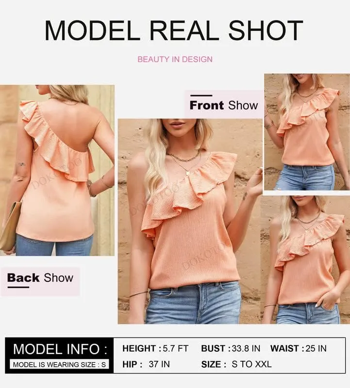 Dokotoo Womens One Shoulder Tops Ruffled Solid Tunic Shirts Sleeveless Loose Tank Top