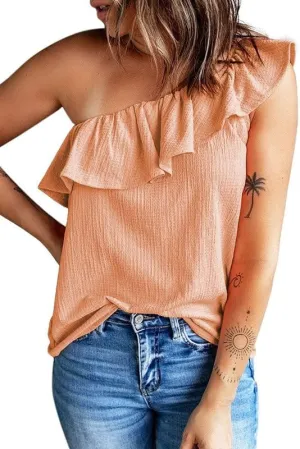Dokotoo Womens One Shoulder Tops Ruffled Solid Tunic Shirts Sleeveless Loose Tank Top