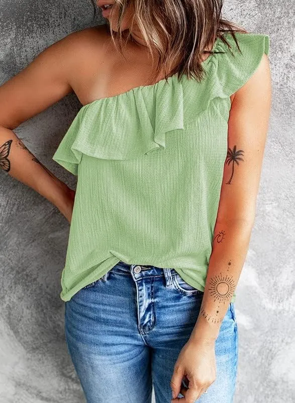 Dokotoo Womens One Shoulder Tops Ruffled Solid Tunic Shirts Sleeveless Loose Tank Top