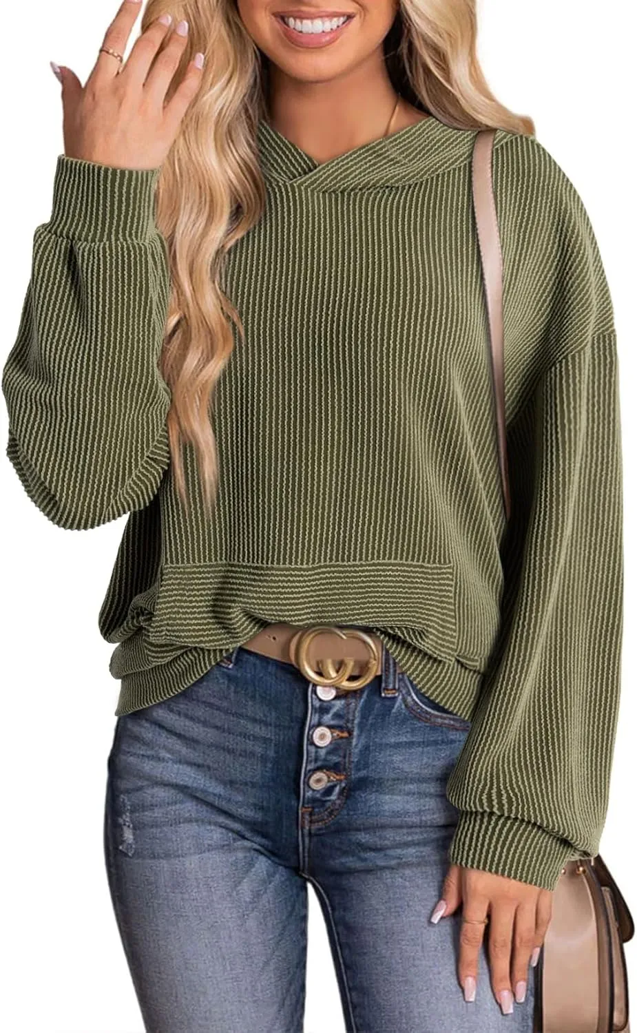 Dokotoo Women's Pullover Hoodies Sweatshirts Casual Loose Long Sleeve Ribbed Knit Shirts