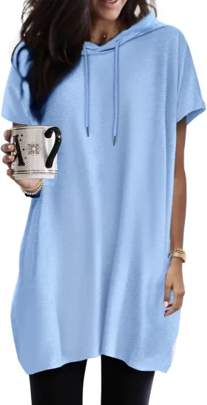Dokotoo Womens Tops Dressy Casual Short Sleeve Oversized Tshirts Summer Hoodie Dress Tunics Tops Loose Fit Long Shirts