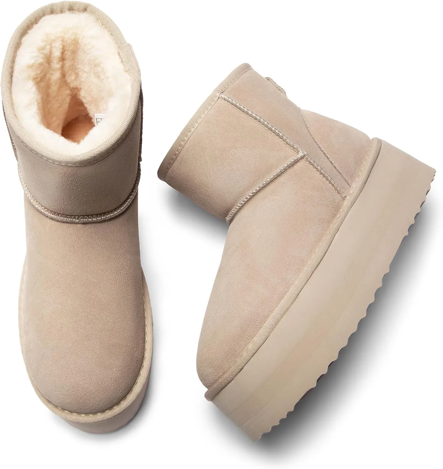 DREAM PAIRS Genuine Suede Classic Platform Boots for Women Water Resistant FuzzyClassic Ankle Winter Snow Low Boots with DIY Bows Faux Fur Lining Memory Foam Anti-Slip