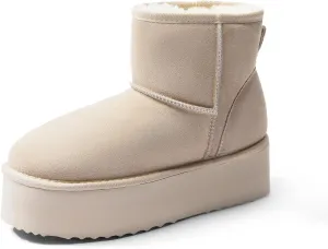 DREAM PAIRS Genuine Suede Classic Platform Boots for Women Water Resistant FuzzyClassic Ankle Winter Snow Low Boots with DIY Bows Faux Fur Lining Memory Foam Anti-Slip