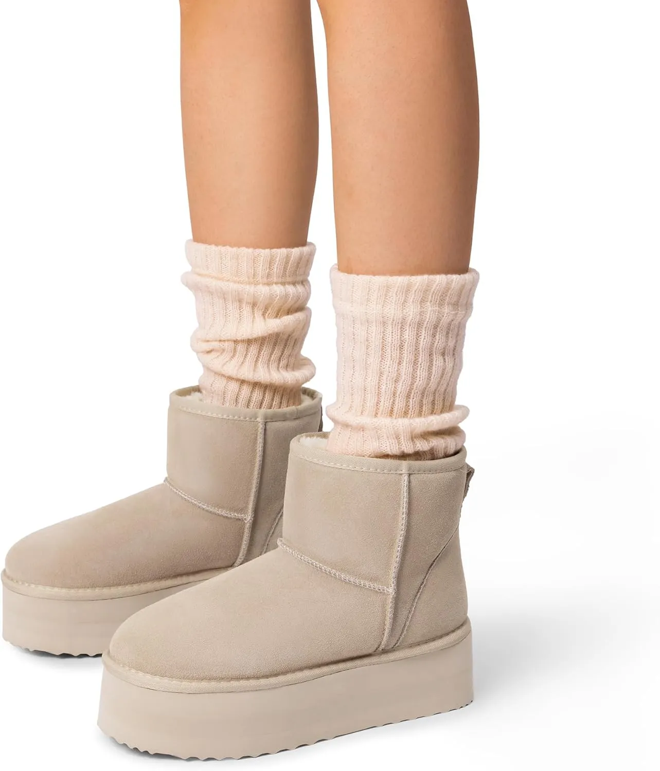 DREAM PAIRS Genuine Suede Classic Platform Boots for Women Water Resistant FuzzyClassic Ankle Winter Snow Low Boots with DIY Bows Faux Fur Lining Memory Foam Anti-Slip