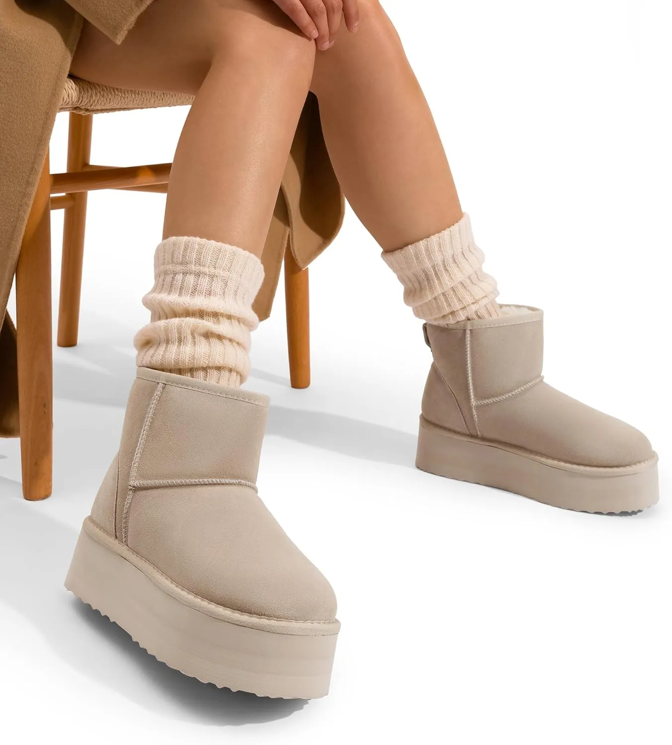 DREAM PAIRS Genuine Suede Classic Platform Boots for Women Water Resistant FuzzyClassic Ankle Winter Snow Low Boots with DIY Bows Faux Fur Lining Memory Foam Anti-Slip
