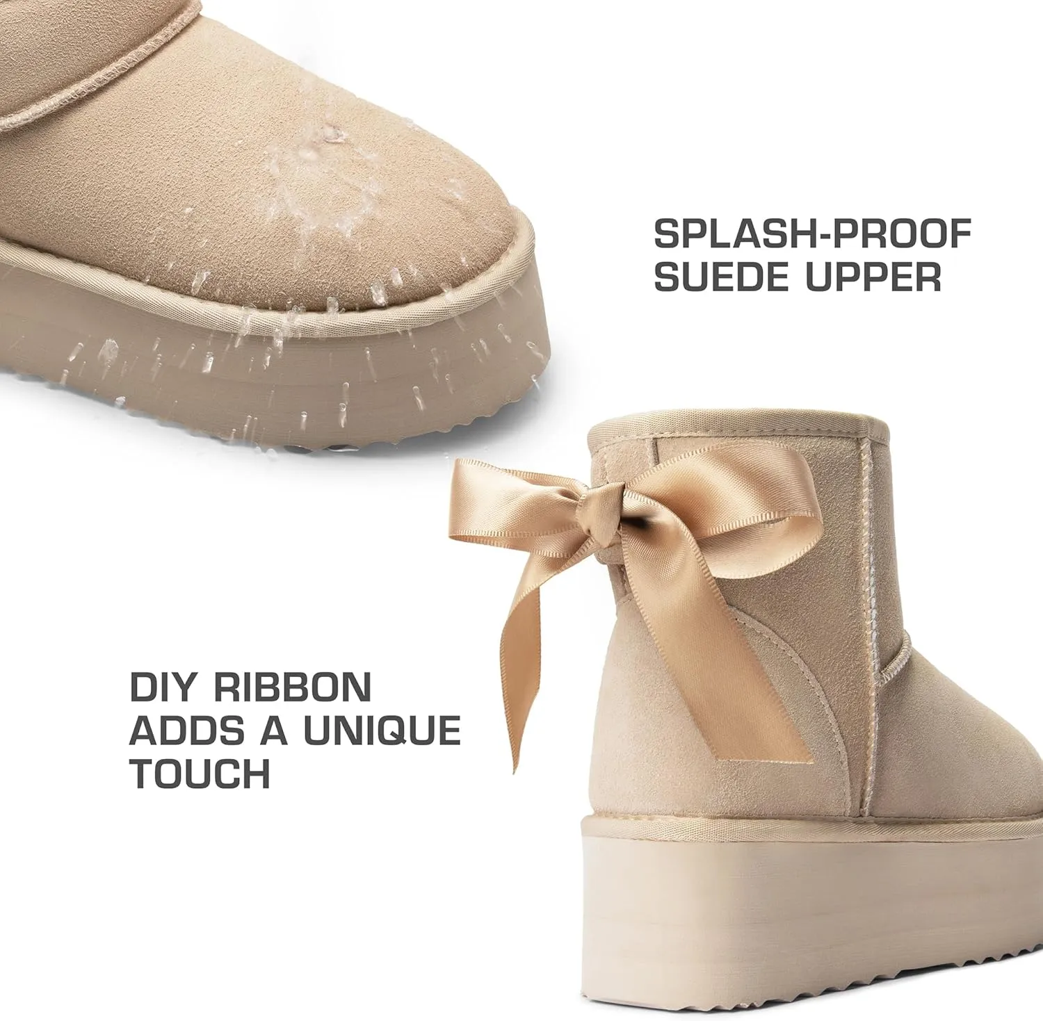 DREAM PAIRS Genuine Suede Classic Platform Boots for Women Water Resistant FuzzyClassic Ankle Winter Snow Low Boots with DIY Bows Faux Fur Lining Memory Foam Anti-Slip