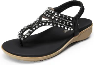 DREAM PAIRS Women's Comfortable Dressy Flat Sandals Rhinestone Elastic T-Strap Thong Sandals for Summer Beach