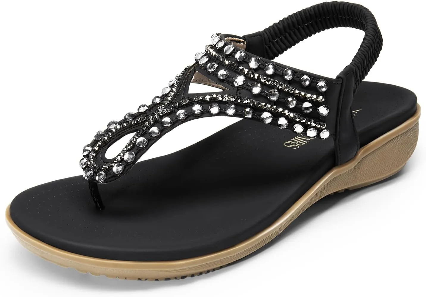 DREAM PAIRS Women's Comfortable Dressy Flat Sandals Rhinestone Elastic T-Strap Thong Sandals for Summer Beach
