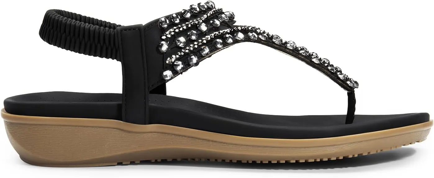 DREAM PAIRS Women's Comfortable Dressy Flat Sandals Rhinestone Elastic T-Strap Thong Sandals for Summer Beach
