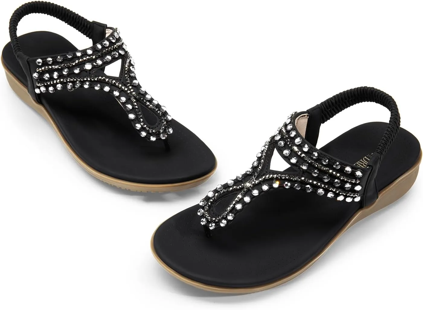 DREAM PAIRS Women's Comfortable Dressy Flat Sandals Rhinestone Elastic T-Strap Thong Sandals for Summer Beach