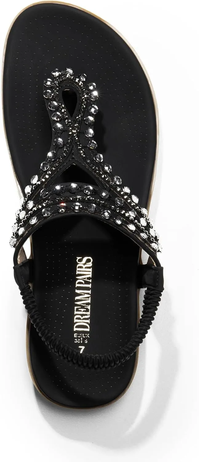 DREAM PAIRS Women's Comfortable Dressy Flat Sandals Rhinestone Elastic T-Strap Thong Sandals for Summer Beach