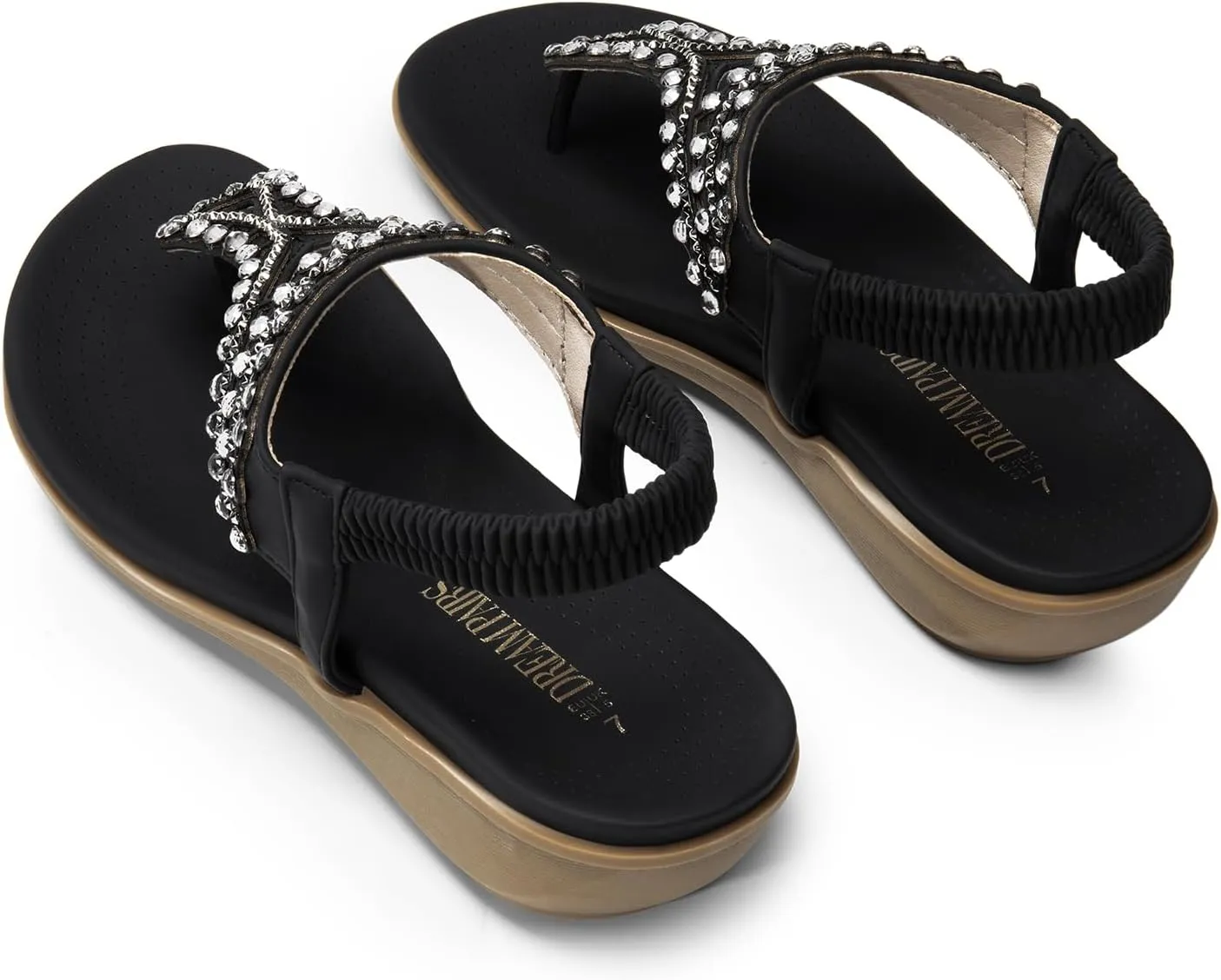 DREAM PAIRS Women's Comfortable Dressy Flat Sandals Rhinestone Elastic T-Strap Thong Sandals for Summer Beach