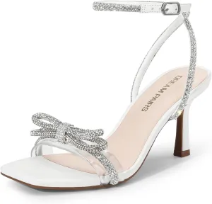 DREAM PAIRS Women's Double Bowknots Heels Open Square Toe Ankle Strap Crystal Rhinestone Dress Sandals for Party Wedding