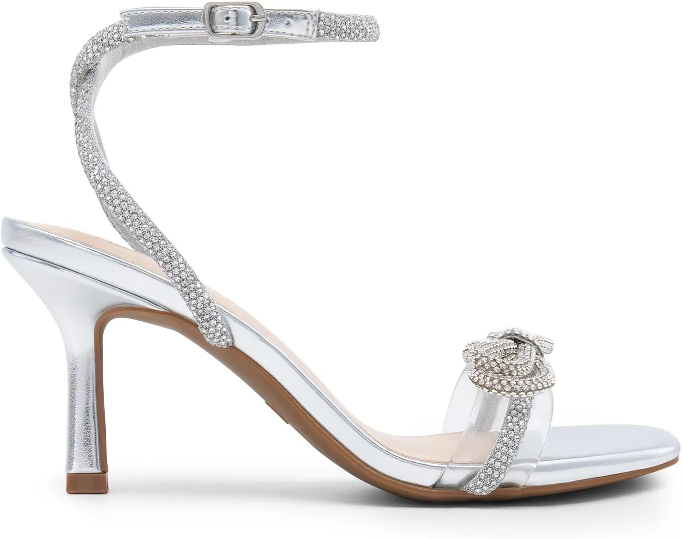DREAM PAIRS Women's Double Bowknots Heels Open Square Toe Ankle Strap Crystal Rhinestone Dress Sandals for Party Wedding