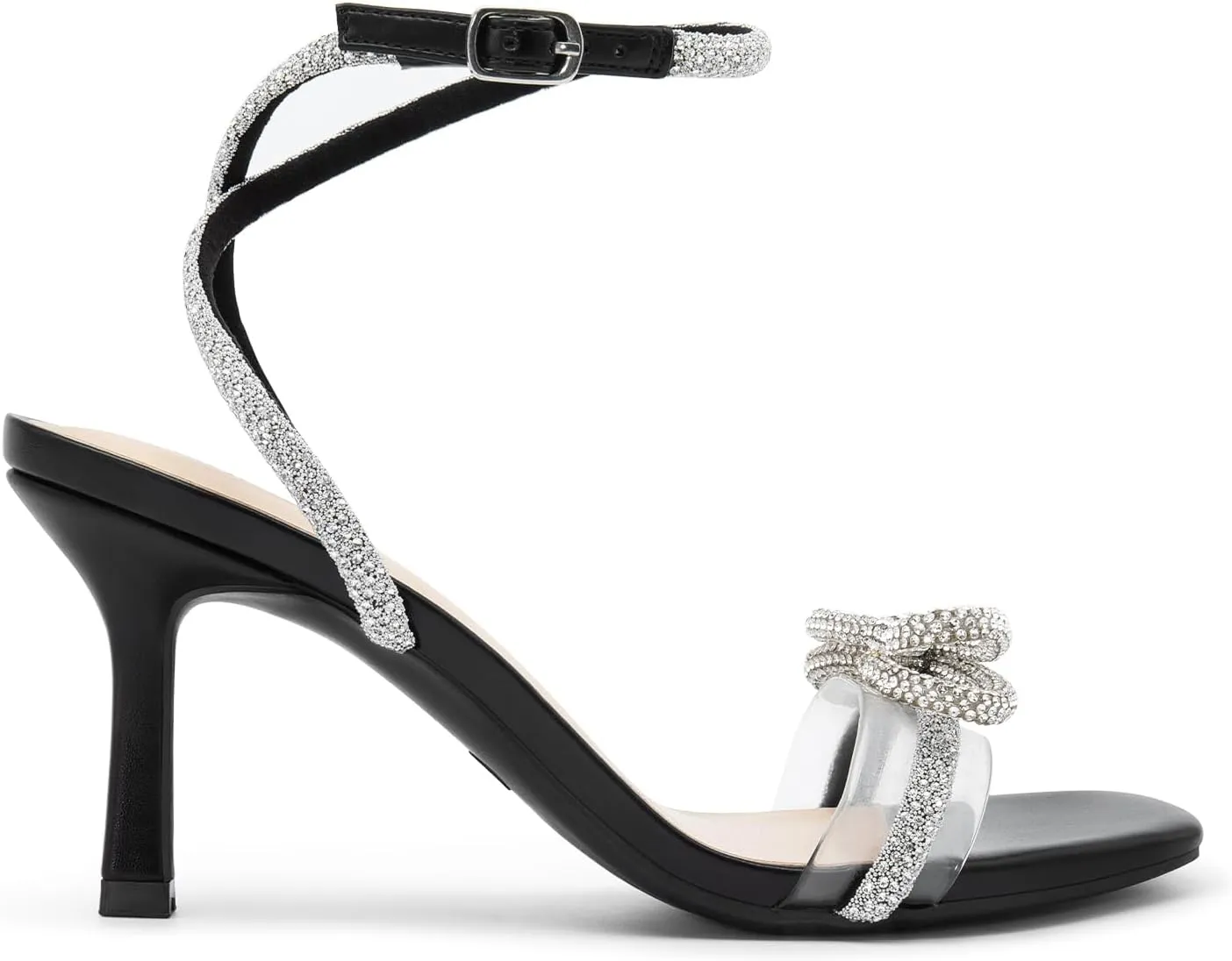 DREAM PAIRS Women's Double Bowknots Heels Open Square Toe Ankle Strap Crystal Rhinestone Dress Sandals for Party Wedding
