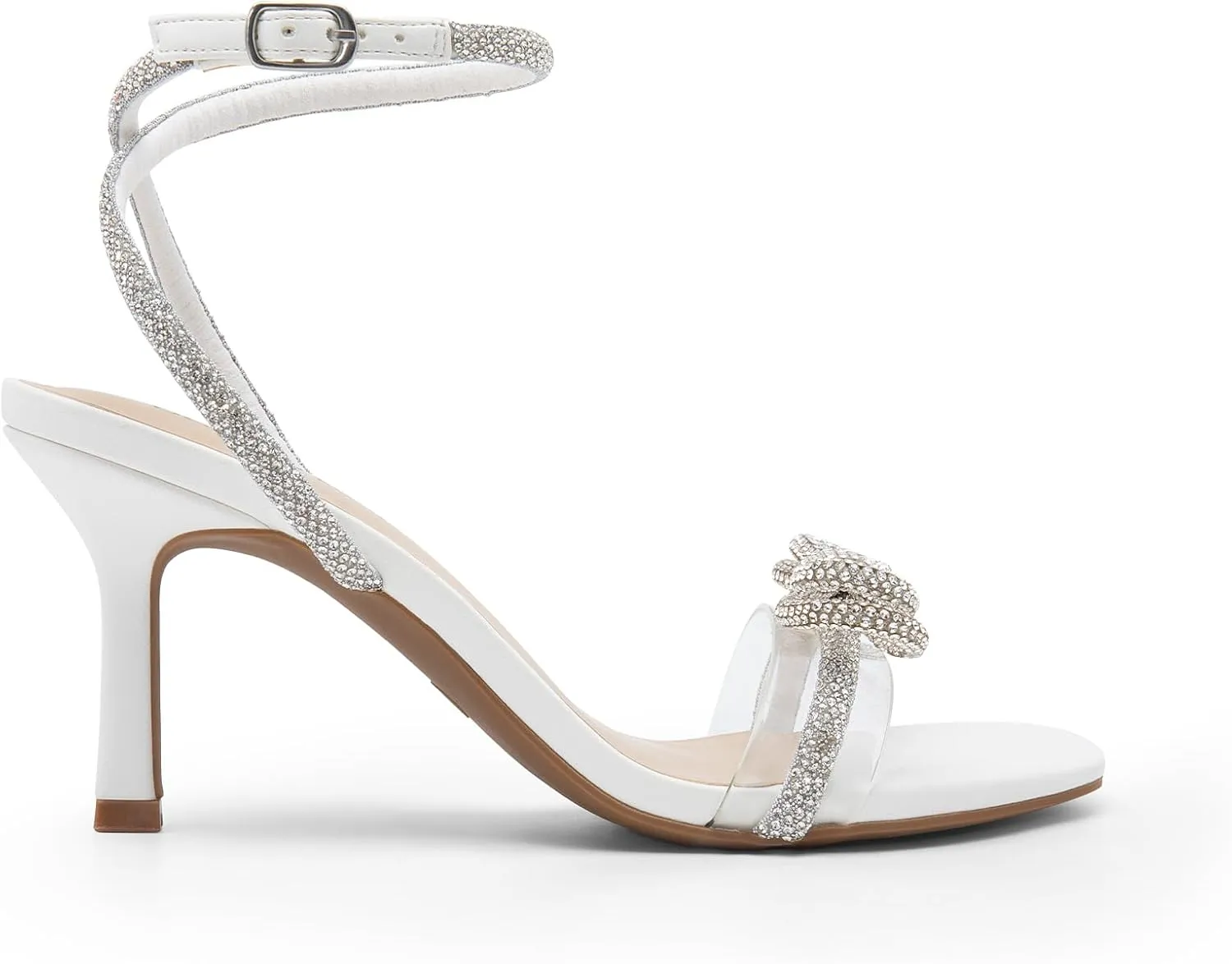 DREAM PAIRS Women's Double Bowknots Heels Open Square Toe Ankle Strap Crystal Rhinestone Dress Sandals for Party Wedding