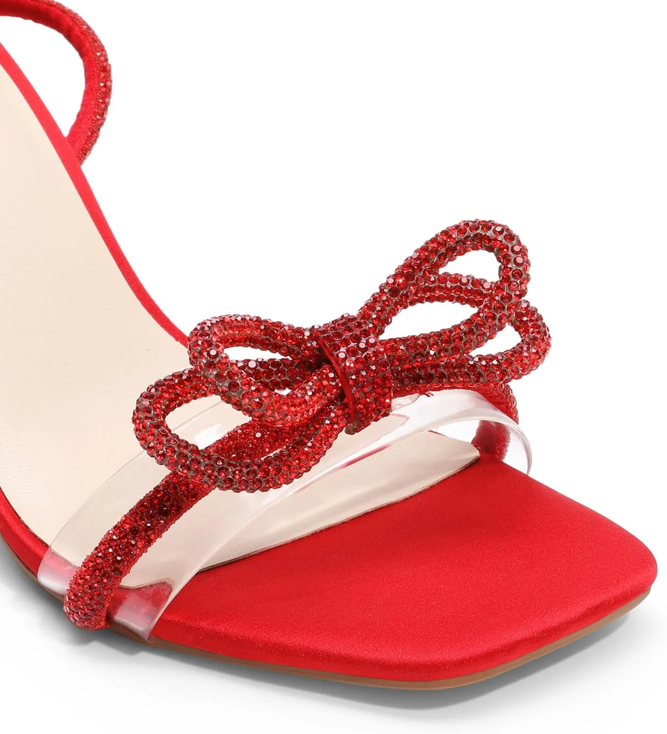 DREAM PAIRS Women's Double Bowknots Heels Open Square Toe Ankle Strap Crystal Rhinestone Dress Sandals for Party Wedding