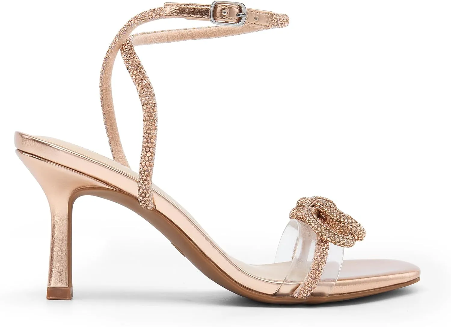 DREAM PAIRS Women's Double Bowknots Heels Open Square Toe Ankle Strap Crystal Rhinestone Dress Sandals for Party Wedding