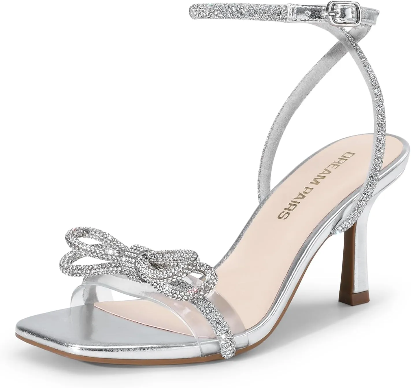 DREAM PAIRS Women's Double Bowknots Heels Open Square Toe Ankle Strap Crystal Rhinestone Dress Sandals for Party Wedding