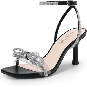DREAM PAIRS Women's Double Bowknots Heels Open Square Toe Ankle Strap Crystal Rhinestone Dress Sandals for Party Wedding