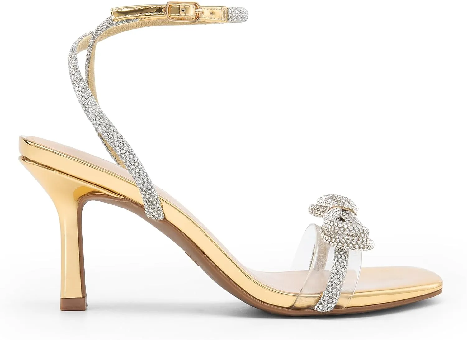 DREAM PAIRS Women's Double Bowknots Heels Open Square Toe Ankle Strap Crystal Rhinestone Dress Sandals for Party Wedding