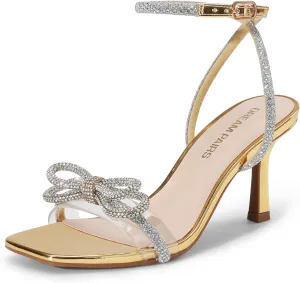 DREAM PAIRS Women's Double Bowknots Heels Open Square Toe Ankle Strap Crystal Rhinestone Dress Sandals for Party Wedding