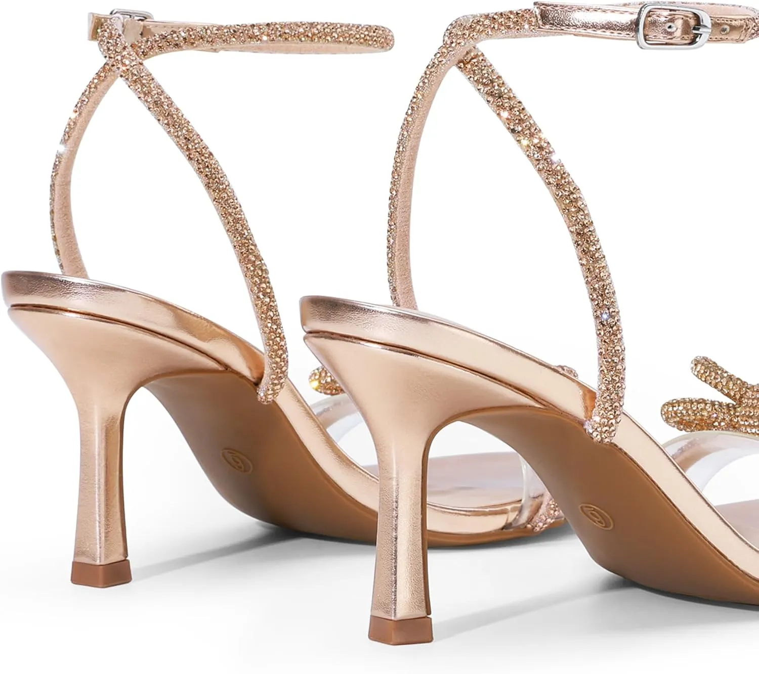 DREAM PAIRS Women's Double Bowknots Heels Open Square Toe Ankle Strap Crystal Rhinestone Dress Sandals for Party Wedding