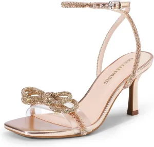 DREAM PAIRS Women's Double Bowknots Heels Open Square Toe Ankle Strap Crystal Rhinestone Dress Sandals for Party Wedding