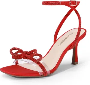 DREAM PAIRS Women's Double Bowknots Heels Open Square Toe Ankle Strap Crystal Rhinestone Dress Sandals for Party Wedding
