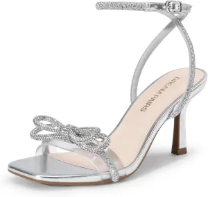 DREAM PAIRS Women's Double Bowknots Heels Open Square Toe Ankle Strap Crystal Rhinestone Dress Sandals for Party Wedding