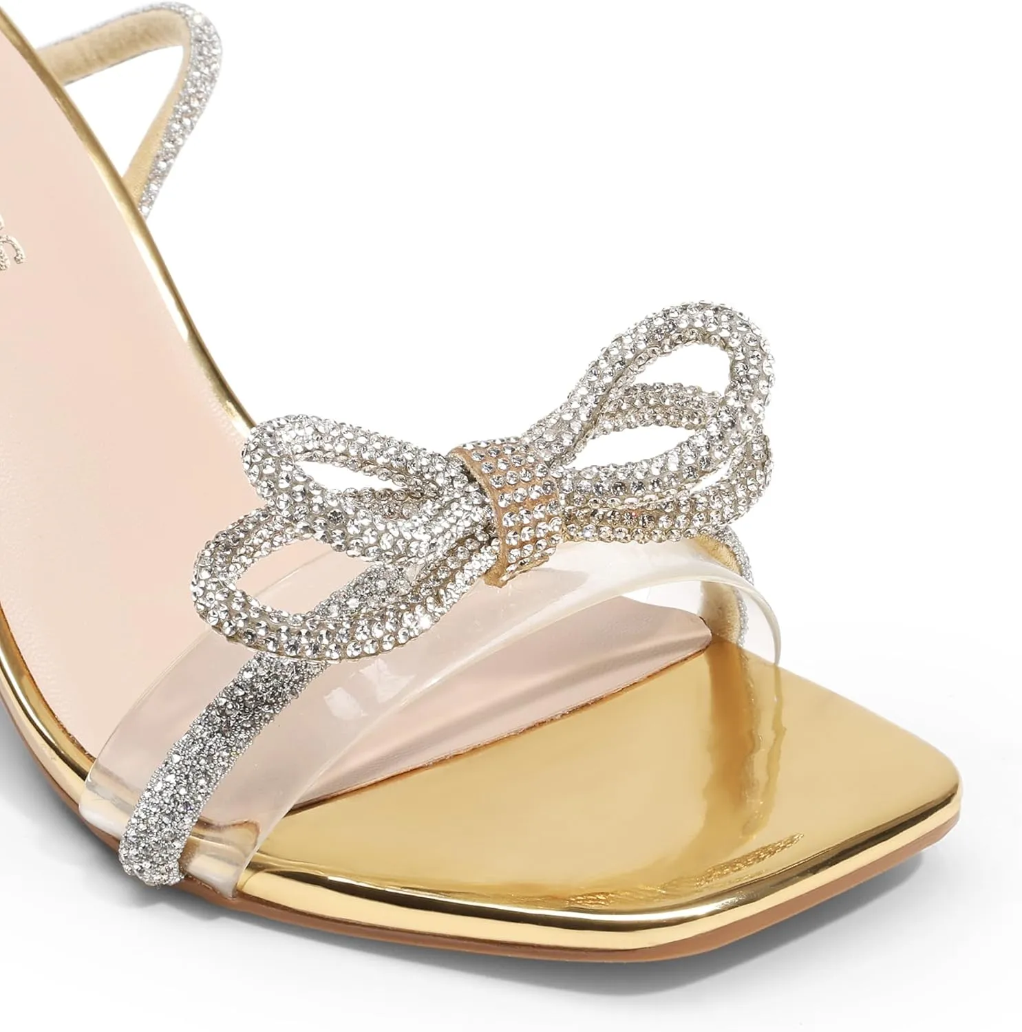 DREAM PAIRS Women's Double Bowknots Heels Open Square Toe Ankle Strap Crystal Rhinestone Dress Sandals for Party Wedding