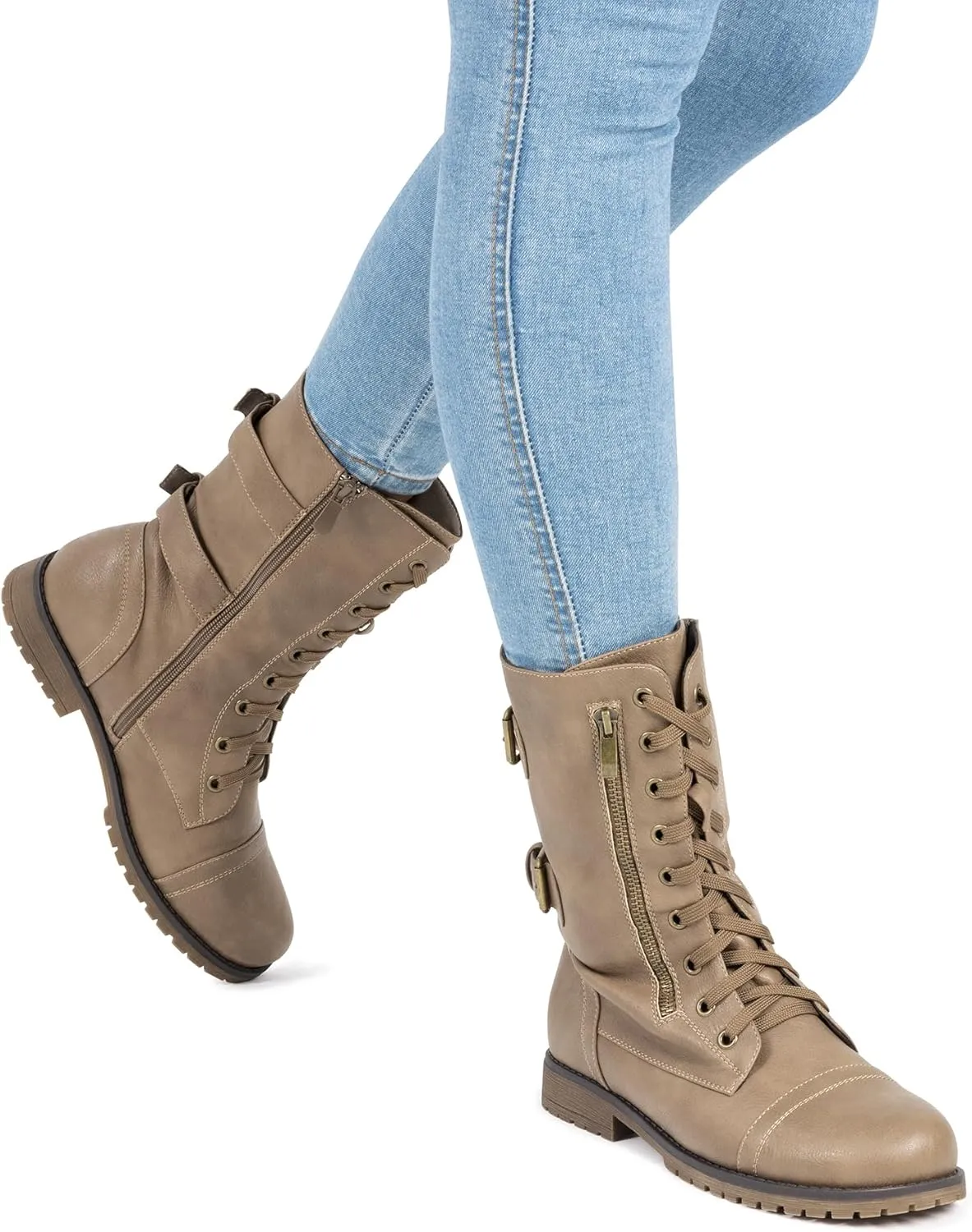 DREAM PAIRS Women's Mid Calf Built-in Wallet Pocket Lace up Military Combat Boots