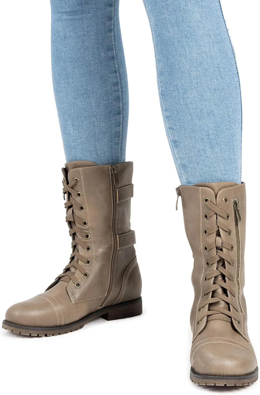 DREAM PAIRS Women's Mid Calf Built-in Wallet Pocket Lace up Military Combat Boots