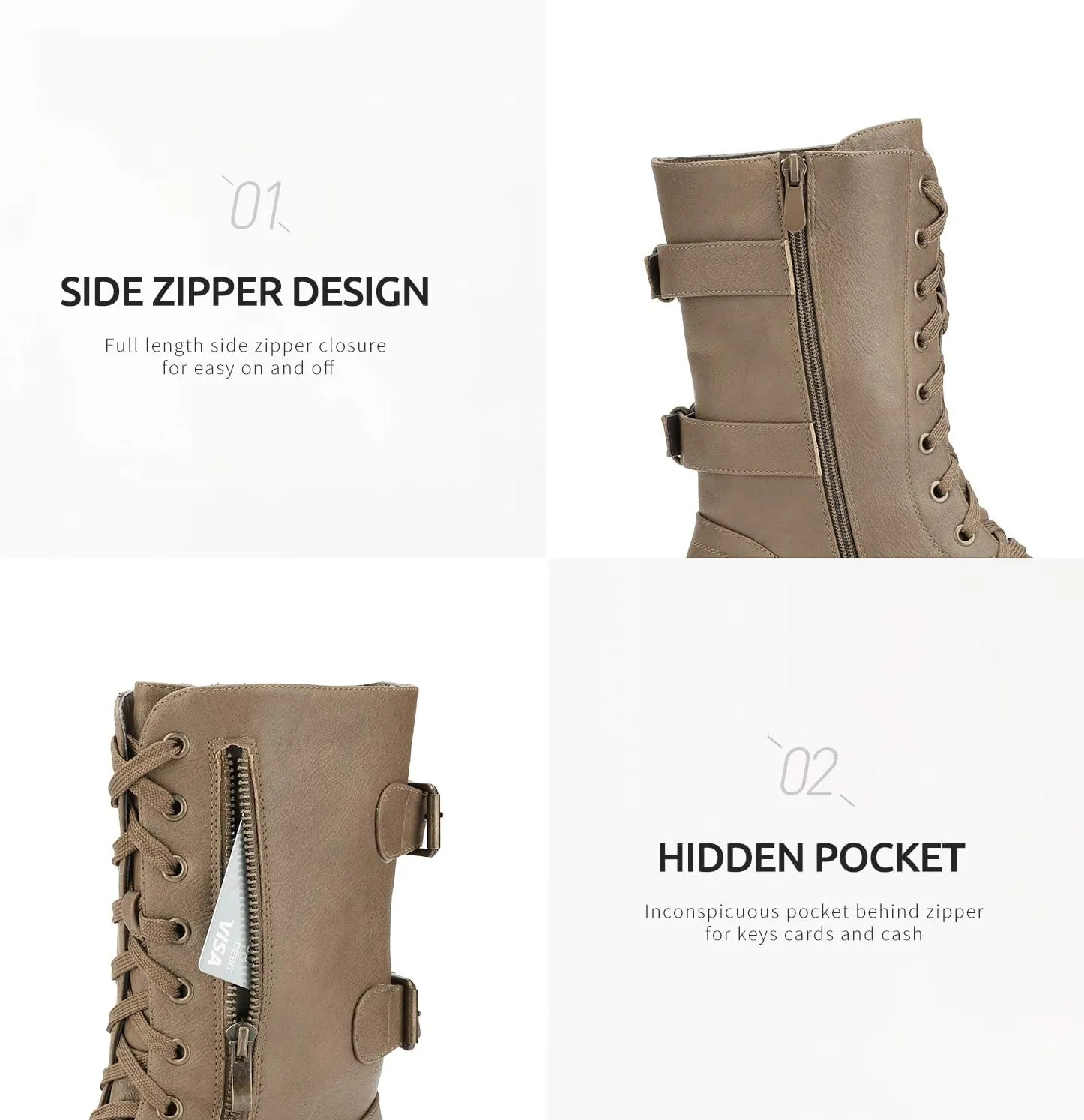 DREAM PAIRS Women's Mid Calf Built-in Wallet Pocket Lace up Military Combat Boots