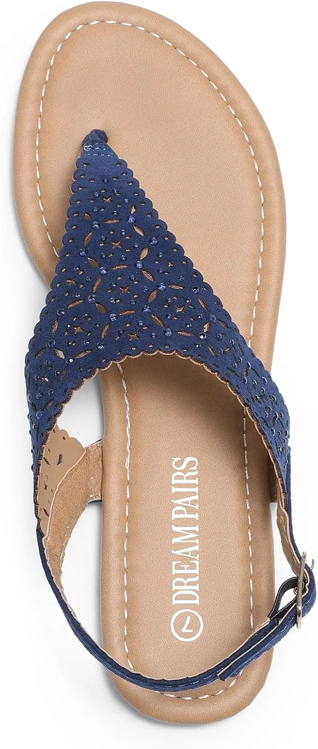 DREAM PAIRS Women's Rhinestone Casual Wear Cute Gladiator Flat Sandals Beach Dressy T-Strap Thong Sandals
