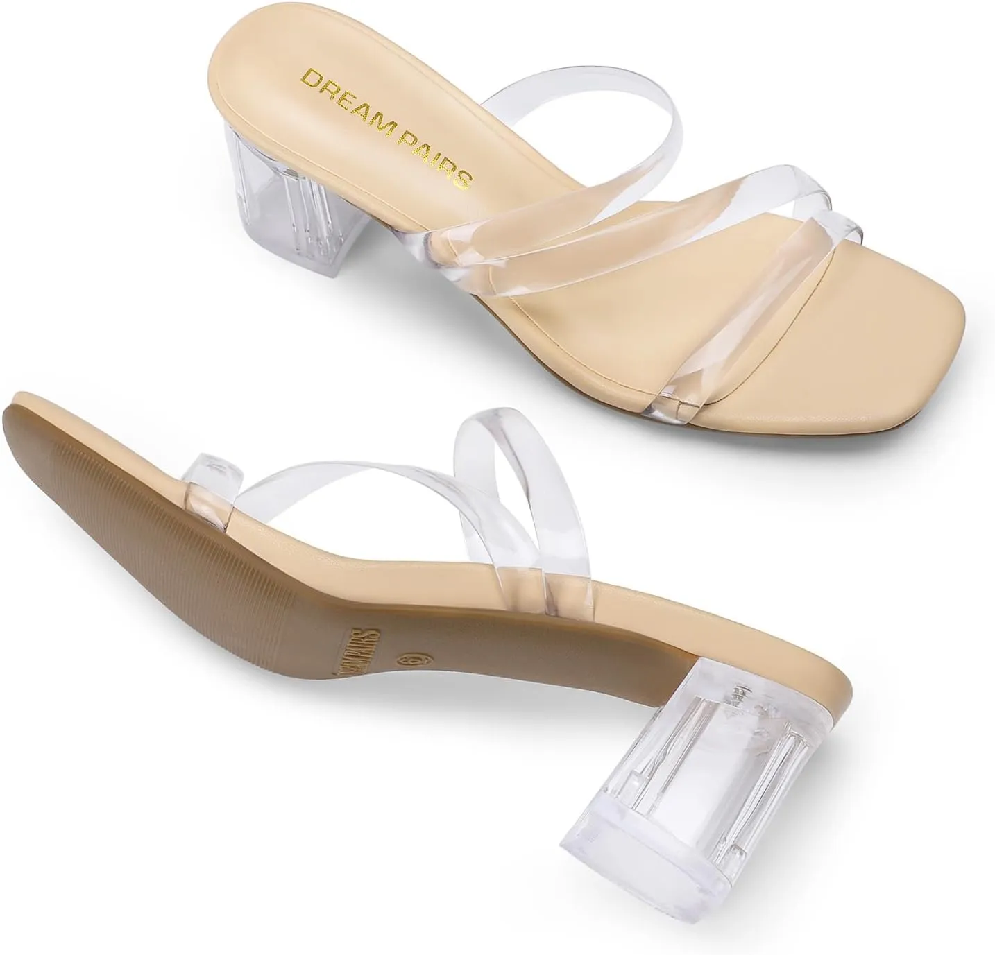 DREAM PAIRS Women's Strappy Heels Open Toe Low Chunky Heel Slip On Mules Square Block Sandals Dress Shoes
