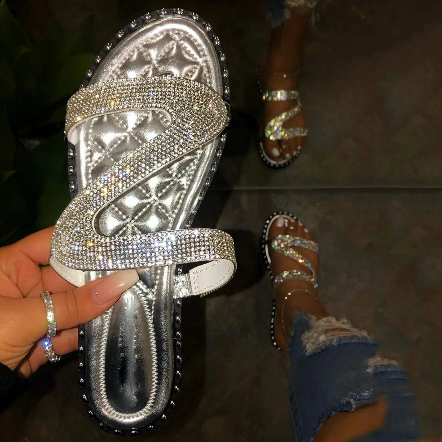 Dressy Sandals for Women Flat Flip Flops Slide Falt Peep toe Gladiator Rhinestone Women's Flat Sandals